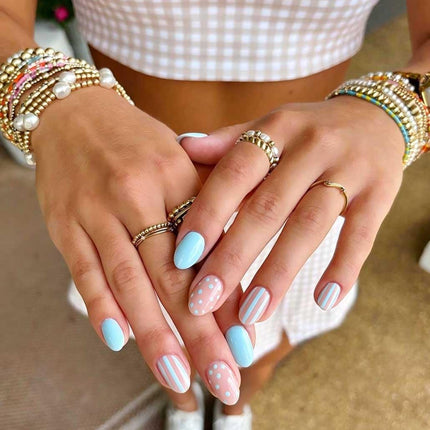 Press on Nails Almond Fake Nails with Gold Line Design Glue on Nails Acrylic Nails Glossy Full Cover Stick on Nails for Women 24Pcs