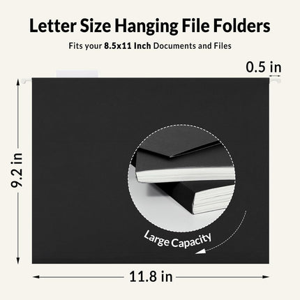 SUNEE 25 Pack Hanging File Folders, Black Folders, Hanging File Folders Letter Size with 1/5-cut Tabs, Stay Organized for Your Home and Office Bulk File and Documents