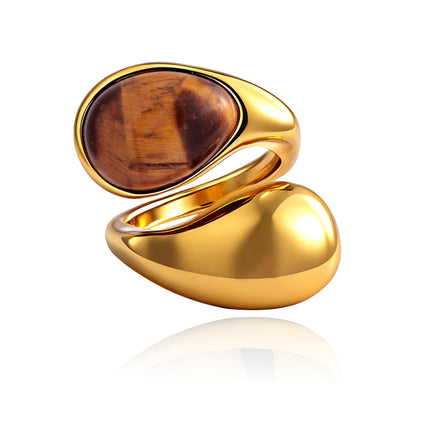 14K Gold Plated Tiger Eye Stone Chunky Open Ring Boho Vintage Rings for Women Brown Jewelry and Pearl