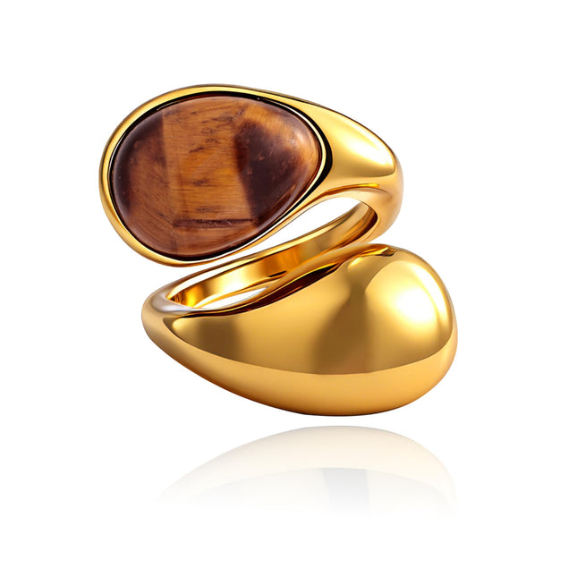 14K Gold Plated Tiger Eye Stone Chunky Open Ring Boho Vintage Rings for Women Brown Jewelry and Pearl