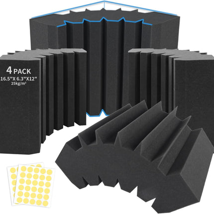 Focusound 4 Pack Bass Traps Corner Acoustic Foam Corner 16.5" X 6.3" X 12" Acoustic Foam Panels Soundproof Padding Wall Panel Corner Block for Home Studio and Theater