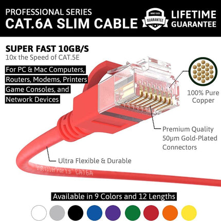 InstallerParts Ethernet Cable CAT6A Slim Cable UTP Booted 1 FT - Red - Professional Series - 10Gigabit/Sec Network/High Speed Internet Cable, 550MHZ, 28AWG