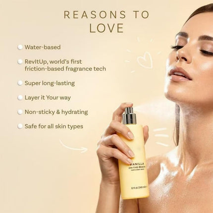 Vanilla On The Beach Hair & Body Mist, Friction Fragrance Tech, Long Lasting Hydrating Body Spray with Coconut Vanilla Amber Scent, Non-Sticky Perfume Mist for Hair & Body, All Skin Types (1)