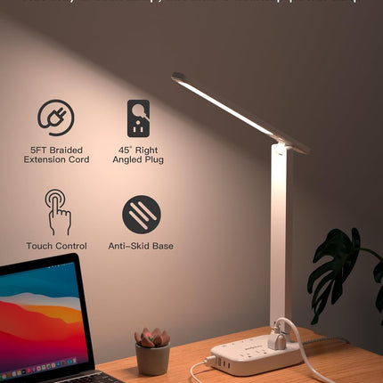One Beat LED Small Desk Lamp Power Strip 5ft Extension Cord, 3 Outlets, 4 USB Ports(2 USB C), 4 Modes, 5 Level Touch- Home, Office, Bedroom, Bedside, Study Reading Light, Dorm Room Essentials, White