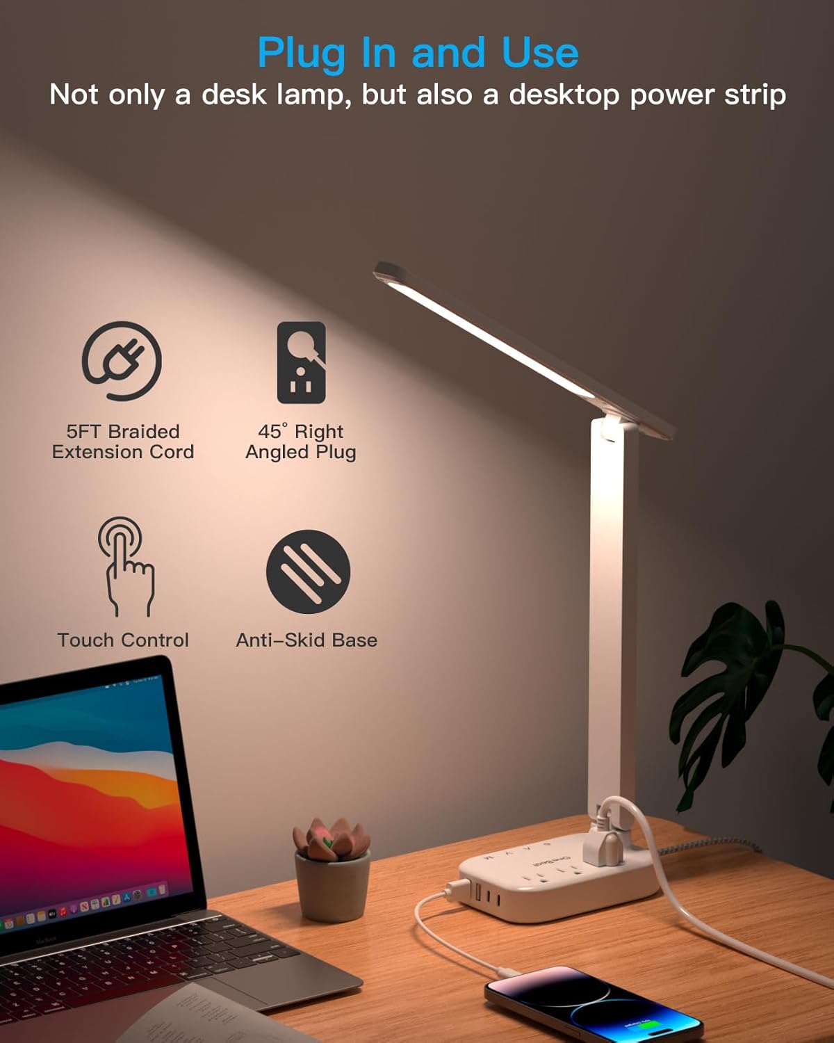 Small LED Desk Lamp Power Strip with 5 ft Cord, 3 Outlets and 4 USB Ports, White - photo 4