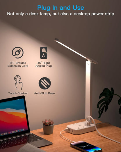 Small LED Desk Lamp Power Strip with 5 ft Cord, 3 Outlets and 4 USB Ports, White - photo 4
