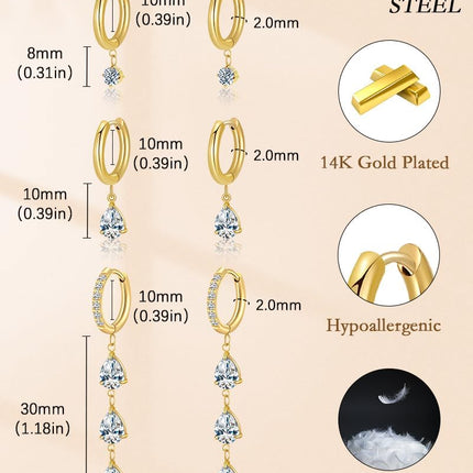 Surgical Steel Small 14K Gold Plated Huggie Hoop Earrings Set,Hypoallergenic Lightweight Waterproof & Non Tarnish, Drop Dangle with CZ for Women-Multiple Piercings