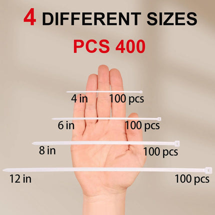 White Zip Ties Assorted Sizes 4+6+8+12 Inch, 400 Pack, Clear Zip Ties, White Cable Ties, Zipties Clear, UV Resistant Wire Ties, Plastic Ties, Tie Wraps Assorted Sizes, SiKuLin