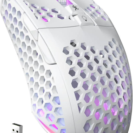 White Wireless Gaming Mouse,Tri-Modes BT5.1/Type-C Wired/2.4G Wireless Mouse with 2 Side Buttons, Programmable Macro Gamer Mouse with RGB Light for Laptop/PC/Mac