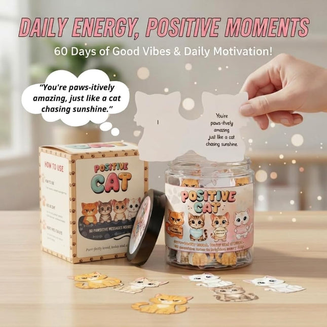 Positive Cat Jar with 60 Daily Affirmation Cards, Emotional Support Gift