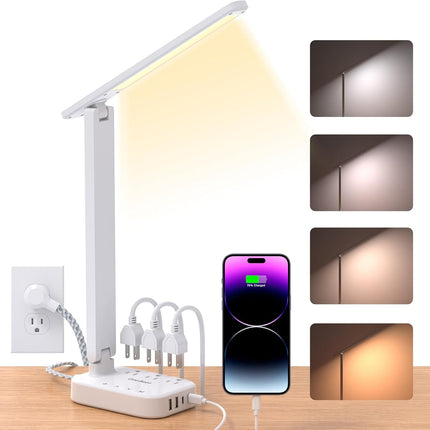 One Beat LED Small Desk Lamp Power Strip 5ft Extension Cord, 3 Outlets, 4 USB Ports(2 USB C), 4 Modes, 5 Level Touch- Home, Office, Bedroom, Bedside, Study Reading Light, Dorm Room Essentials, White