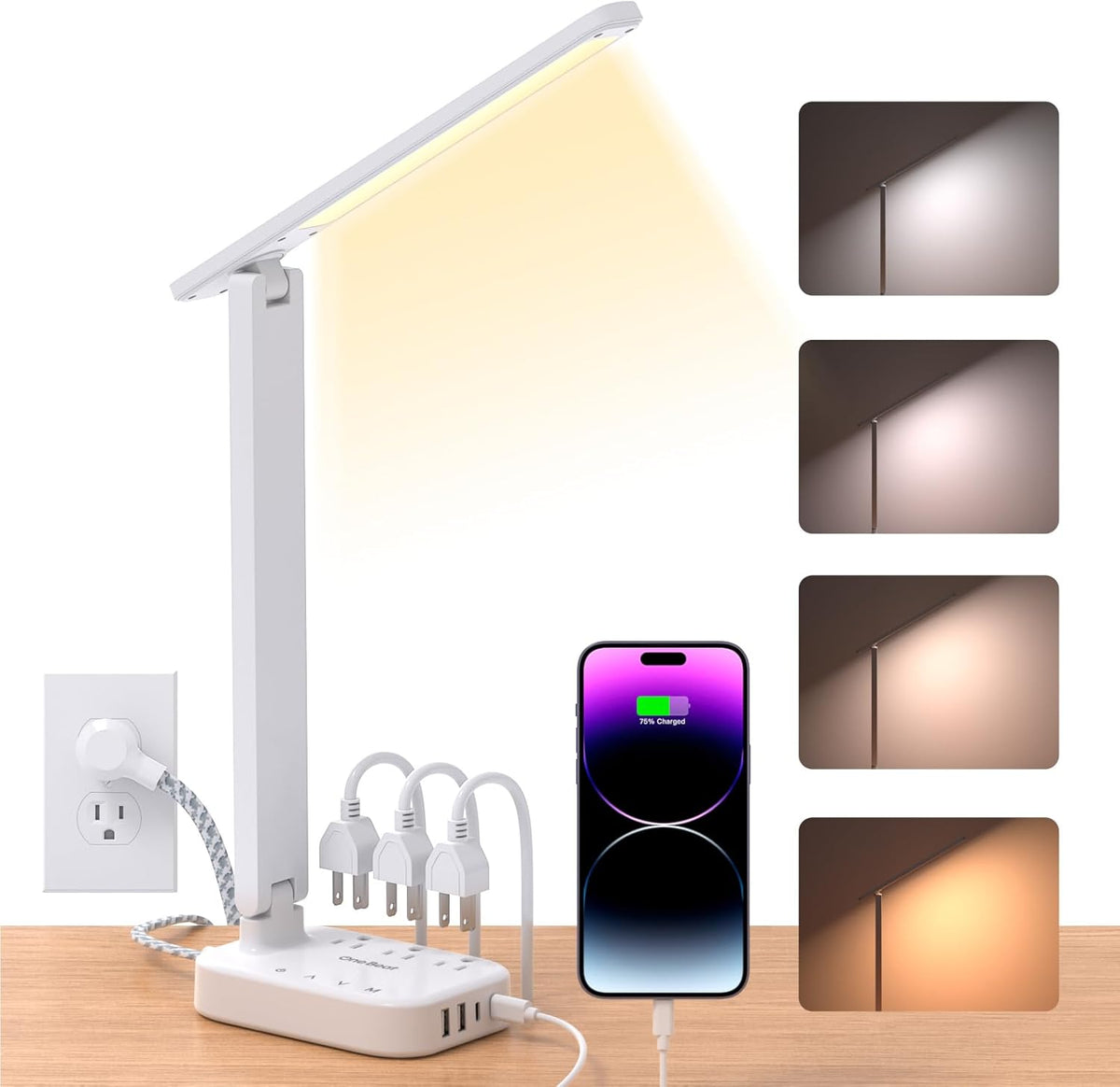 Small LED Desk Lamp Power Strip with 5 ft Cord, 3 Outlets and 4 USB Ports, White