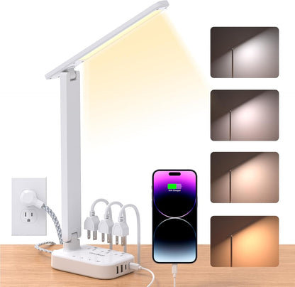 Small LED Desk Lamp Power Strip with 5 ft Cord, 3 Outlets and 4 USB Ports, White