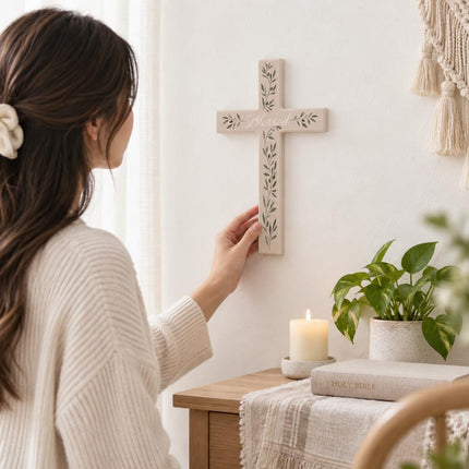 Wall Cross, Wooden Olive Branch Christian Wall Decor, Baptism Gift for Home