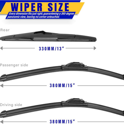 3 wipers Replacement for 2007-2017 Jeep Wrangler/2008-2018 Jeep Wrangler JK, Windshield Wiper Blades Original Equipment Replacement - 15"/15"/13" (Set of 3) U/J HOOK