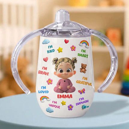 I'm Kind, I'm Smart, Positive Affirmation Personalized Sippy Cup with Handles, Cute Cartoon Kid Sippy Cup with Name, Positive Affirmation Baby Sippy Cup, Baby Girl Boy Sippy Cups, Toddler Girl Gifts