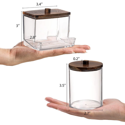 3 Pack Qtips Holder Bathroom Container, 10 oz Cotton Ball/Swabs Dispenser, Apothecary Jar Organizer for Storage Brown Wood Lids