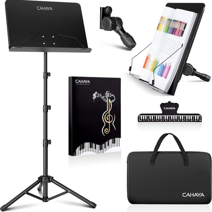 CAHAYA 5 in 1 Heightened Dual-use Sheet Music Stand & Desktop Book Stand Metal Portable Solid Back with Height Adjustable from 31.4-67in Including Carrying Bag, Sheet Music Folder & Clip CY0304