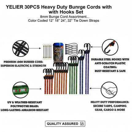 30PCS Bungee Cords with Hooks Set, 8mm, 12", 18", 24", 32", 40"