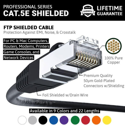 InstallerParts Ethernet Cable CAT5E Cable Shielded (FTP) Booted 12 FT - Black - Professional Series - 1Gigabit/Sec Network/Internet Cable, 350MHZ