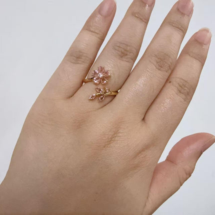 Delicate Flower Leaf Wrap Finger Ring for Women Pink Cubic Zirconia Crystal Floral Statement Ring Promise Engagement Rings Adjustable Open Band