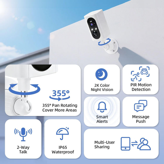 Security Cameras Wireless Outdoor 355° Pan Rotating 2K Color Night Vision