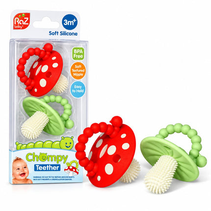 Soft Silicone Infant & Baby 3M+ Teether Toy Massaging Bristles Teething Pacifier - Soothes Sore Gums - Hands-Free & Easy-to-Hold Chompy Teether, BPA Free (RED/Green)