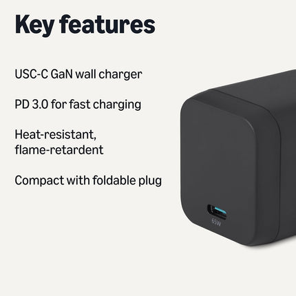 Amazon Basics 65W Fast Charging USB-C GaN Wall Charger, 1-Port PD 3.1, Compact with Foldable Plug for Laptops, Tablets, Phones, Black