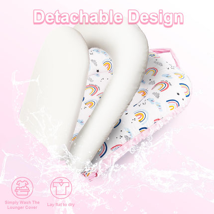 Baby Lounger, 3-in-1 Portable Infant Lounger for Newborns 0-24 Months, Foldable Tummy Time Pillow with Removable Cover, Dual-Sided 100% Cotton and Velvet, Ideal Baby Shower Gifts, Pink Rainbow