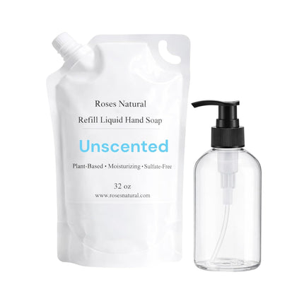 Liquid Hand Soap Starter Set – Plant-Based Moisturizing Hand Wash, Refillable Bottle + 32 oz Refill, Sulfate-Free Gentle Cleanser, Handmade in USA (Unscented)