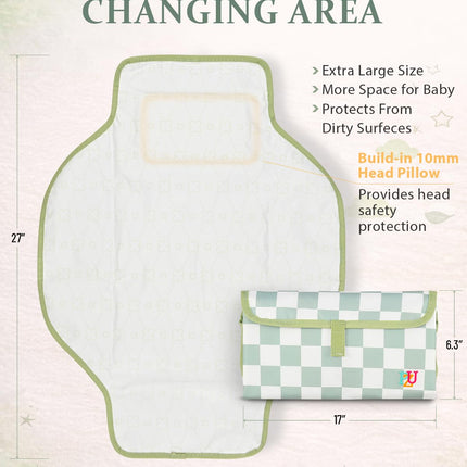 PZU Portable Diaper Changing Pad - Waterproof Travel Changing Mat with Built-in Pillow, Gifts for Baby Shower, Newborn Girls & Boys（Sage Checkers）