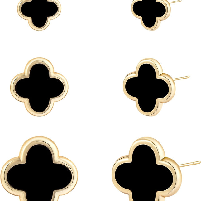 Clover Earring for Women 3 Pair Small Stud Four Leaf - 14K Gold Plated Hypoallergenic Lightweight Waterproof Non 