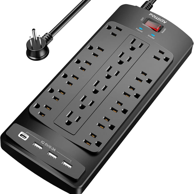 18 Outlets Surge Protector Power Strip with Flat Plug and 4 USB Ports
