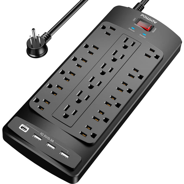 18 Outlets Surge Protector Power Strip - 6 Feet Flat Plug Heavy Duty Extension Cord with 18 Widely Outlets and 4 USB