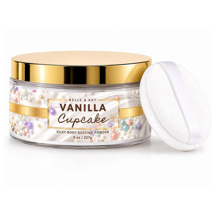 Body Powder for Men & Women Scented Vanilla Cupcake, Bath Perfume Dusting Powder with Fragrance & Essential Oils, Talc Free 8oz Container with Powder Puff, Made in USA