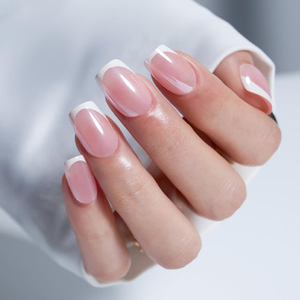 French Tip Press on Nails Short Square, Pink White Fake Nails