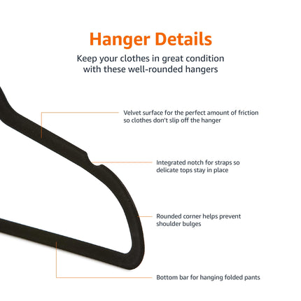 Slim Velvet Non-Slip Space Saving Suit Clothes Hangers, Closet Organizer, Black, 50-Pack