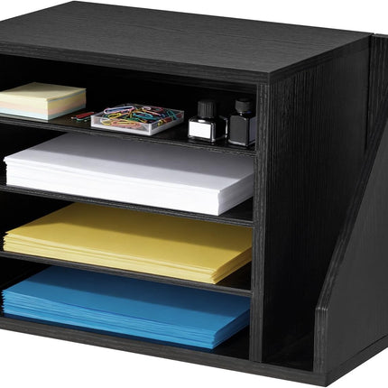 VEVOR Literature Organizer, 4 Compartments Office Mailbox with Detachable Shelves, Wooden Mailbox Sorter with Side Vertical Storage, Countertop Office Home Organizer for File, Document, Paper, Black