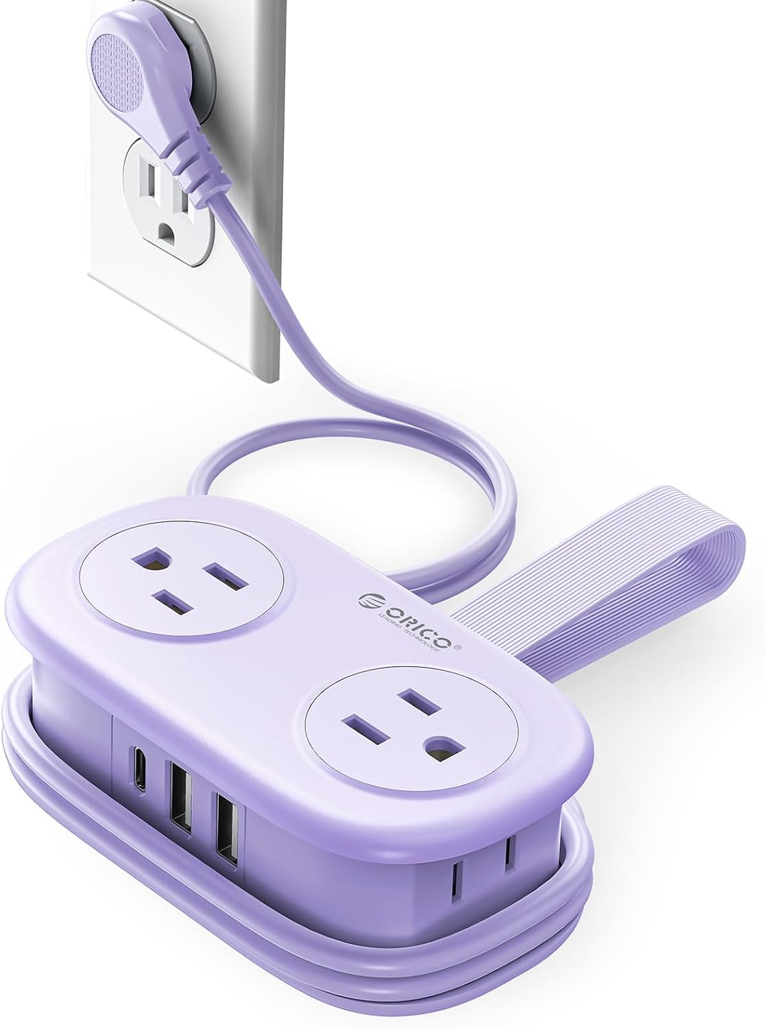 4FT Purple Cruise Approved Travel Power Strip with 4 AC Outlets, 2 USB-A Ports, 1 USB-C Port, and 45 Degree Flat Plug