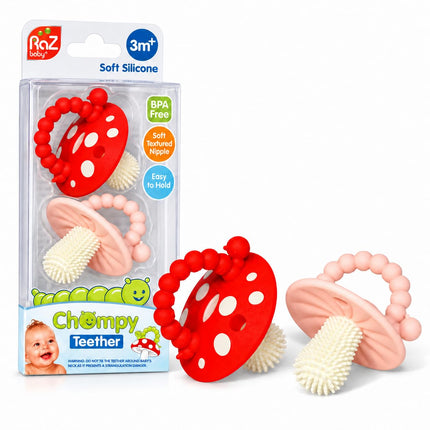 Soft Silicone Infant & Baby 3M+ Teether Toy Massaging Bristles Teething Pacifier - Soothes Sore Gums - Hands-Free & Easy-to-Hold Chompy Teether, BPA Free (RED/Green)