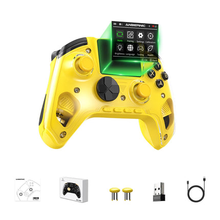 Interactive Screen Wireless Gaming Controller for Steam/PC/Linux/iOS/Android/Switch/Switch 2, Hall Effect Joystick & Triggers, Remappable Buttons,2.4G Wireless,Bluetooth 5.0,Wired,2100mAh with Handle stand (Yellow)