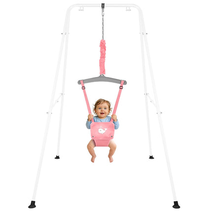 Baby Jumper with Stand, Foldable Activity Jumper for Infants, Height Adjustable Baby Bouncer No Doorway Needed Toddler Jumper, Portable Indoor Outdoor Baby Activity Center for 6-12 Months (Pink)