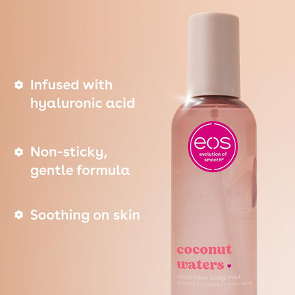 eos Cashmere Body Mist, Coconut Waters, Body Spray for Women, Hair Mist, Coconut Perfume, Moisturizing, Hyaluronic Acid, Glycerin, Vegan, Cruelty-free, 6 fl oz