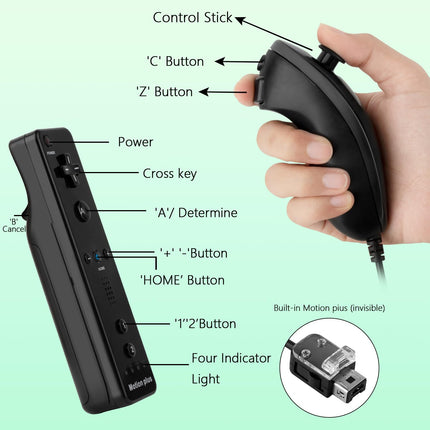 KOUROU 8PCS Motion Plus Wii Remote Controllers with Nunchucks, Mario Kart Steering Wheels and Zapper Light Gun (Black)