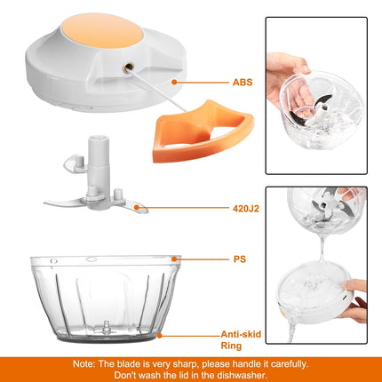 Manual Food Processor & Vegetable Chopper, Hand Pull String Garlic Mincer Onion Chopper Dicer for Salsa Pesto Guacamole, 3 Stainless Steel Blades, 500ml White