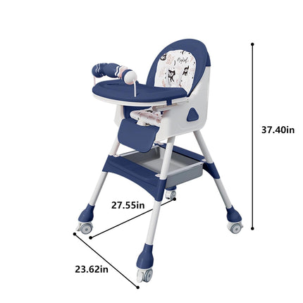4-in-1 Baby High Chair for Babies & Toddlers, Foldable High Chair with Detachable PU Cushion, Removable Tray, Adjustable Height, Locking Wheels,Blue