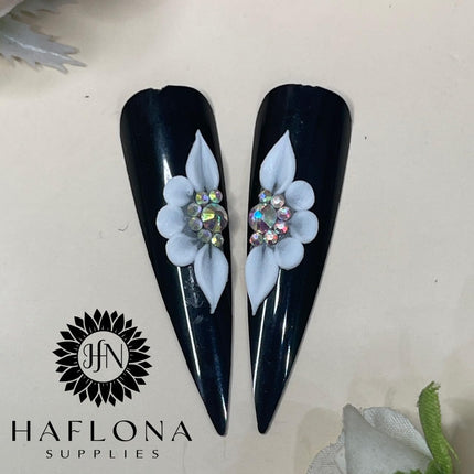Set 8Pcs 3D Flowers Nails Charms With Rhinestone Gems Handmade by Acrylic Powder Design For Long Nail L,XL,XXL Flower Nail Art Floral Salon Decor Women Girls (White 7 Rhinestones-8PCs)