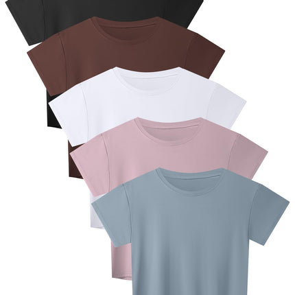 5 Pack Women's Loose Fit Short Sleeve Workout Crop Top T-Shirts