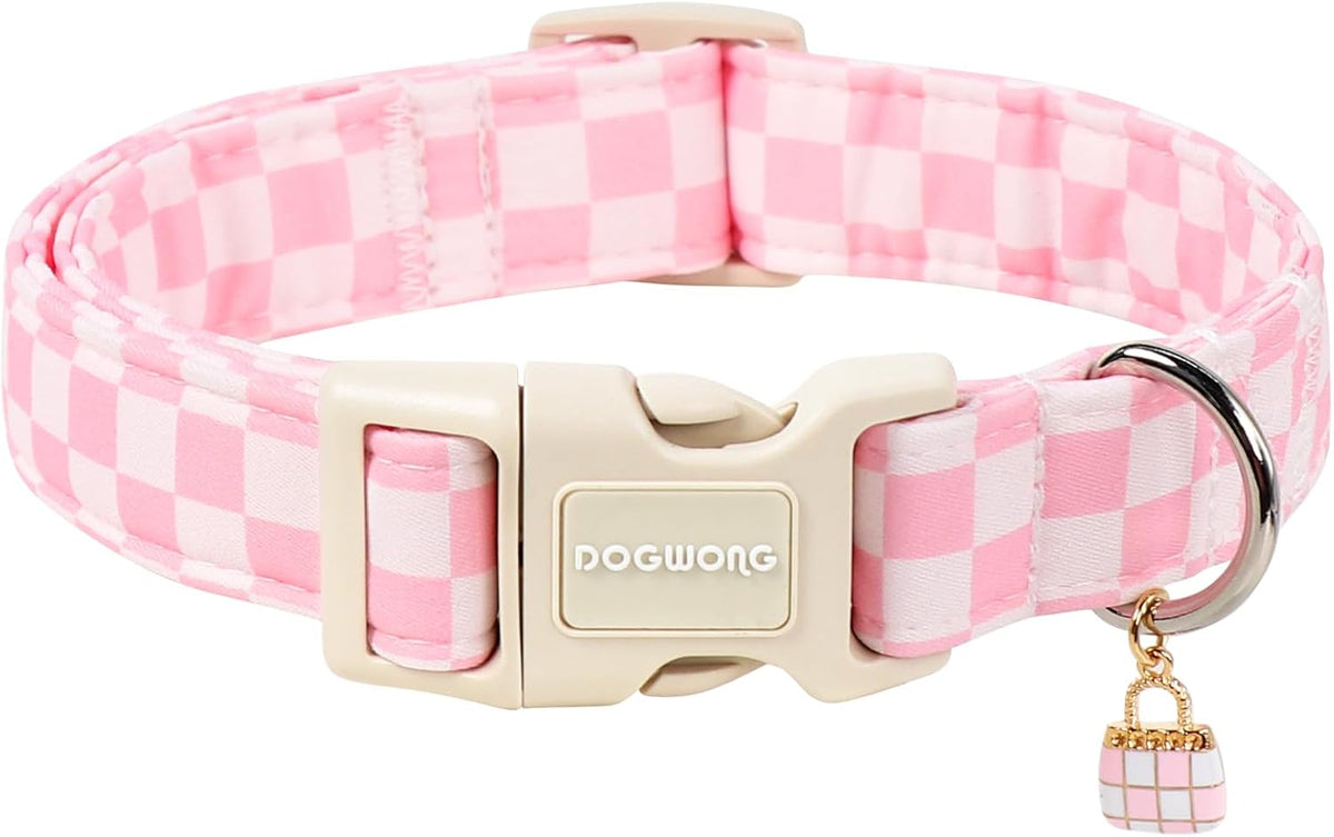 Pink Checked Dog Collar for Large Dogs