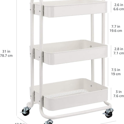 Amazon Basics 3-Tier Rolling Utility Cart, Storage Organizer, Lockable Wheels, Multifunctional Storage, Portable Mobile Shelving Unit, White